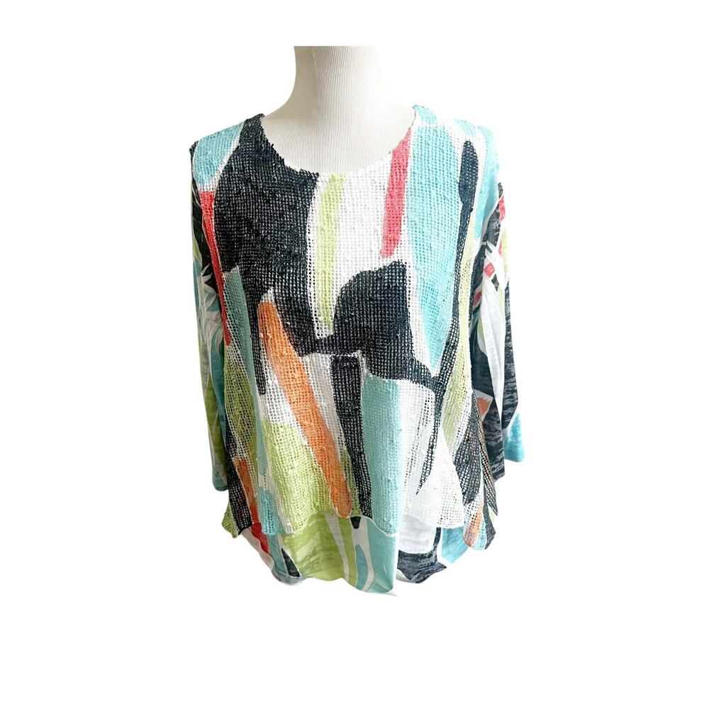 Jess & Jane Mesh Overlay Tunic Top Artsy Abstract Boxy Women’s Size Medium